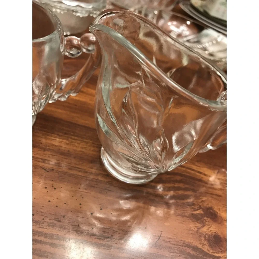 Clear Glass deep cut leaf sugar creamer‎ vintage drape handles